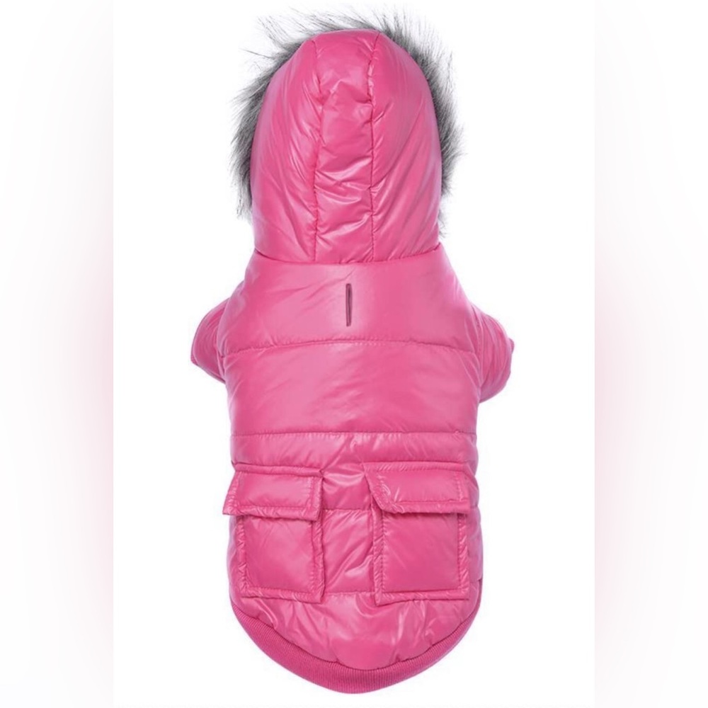 “Pink Dog Puffer Jacket” Fur Hood Warm Winter Wind/Waterproof Cat Pet Lined Coat - Picture 2 of 9